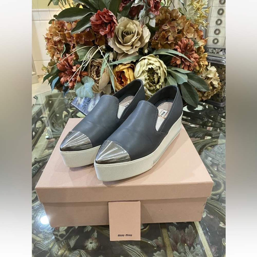 100% AUTHENTIC MIU MIU Ghiaia Platform Silver Metal Cap Toe Size 37